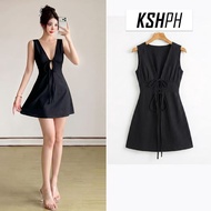 KSHPH Viral Trending Tie Front Mini Dress Sexy Deep V-Neck Cutout Sleeveless A-Line Baddie Outfit