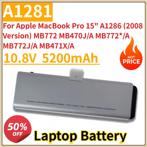 10.8V 5200mAh Laptop Battery A1281 For Apple MacBook Pro 15" A1286 (2008 Version) MB772 MB470J/A MB7