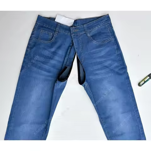 Men's Hidden Zipper Crotch Jeans Outdoor Convenience Straight Denim Pants for Dating Secret Stealth 