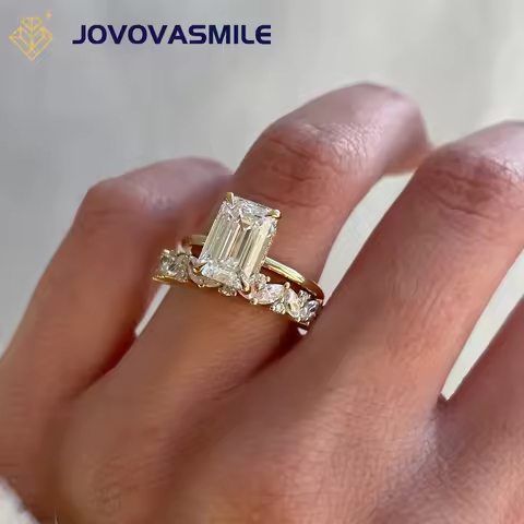 JOVOVASMILE 3 Carat 7*9mm Emerald Cut Moissanite Ring Sets 2 Rings Together 18K Solid Gold for Woman