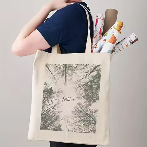 Plant Graphic Canvas Shopping Bag, Folklore Print Portable Shoulder Bag, Taylor Merch Fashion Large 