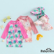[Malaysia stock] Toddler Girls Beach Swimwear Long Sleeve Floral/Tropical Tree Print Zip Up Bathing 