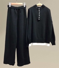 Airport look ชุดเซท ไหมพรม เสื้อแขนยาว+กางเกงขายาว แต่งกระดุมคอ ตัดขอบสีขาว ลุคสนามบินใส่ขึ้นเครื่อง