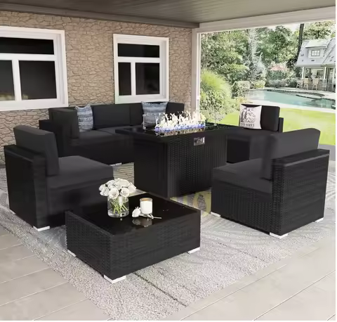 8 Pieces Patio Furniture Set with 44" Propane Gas Fire Pit Table, Outdoor Sectional Wicker Conversat