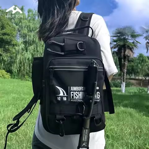 HAUT TON Black Fishing Tackle Backpack With Rod Holder Reel Lure Hook Storage Pack Large Capacity Li