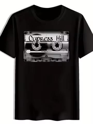 Men Vintage Rock Band Graphic T-Shirt "Cypress Hill" Print Black Polyester Crew Neck Short Sleeve Te
