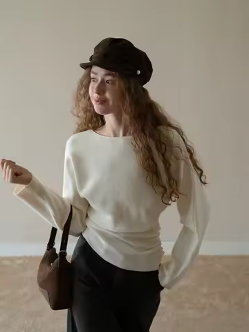 Eggka Women's Knitted Long Sve irt Waist Cinched Pleated Button French Sle round Ne Batwing Sve Slim