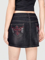 ROMWE Grunge Punk 龐克風格裝飾牛仔迷你裙（配鑲鑽）,低腰設計