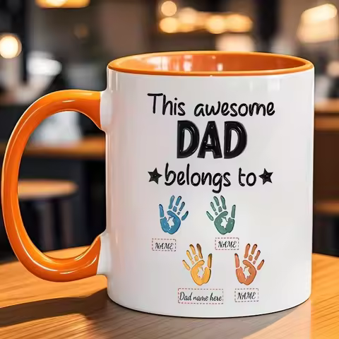 1pc Personalized "This Awesome Dad Belongs to" Ceramic Coffee Mug with Handprint Design – Custom Nam