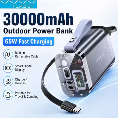 Vyvylabs 30000mAh Power Bank 65W PD Fast Charging Retractable USB-C Cable Digital Display Portable B