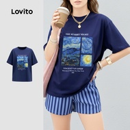 Lovito Casual Tshirt Vincent Van Gogh The Starry Night Spring/summer Navy Blue Tshirt for Women LFI1