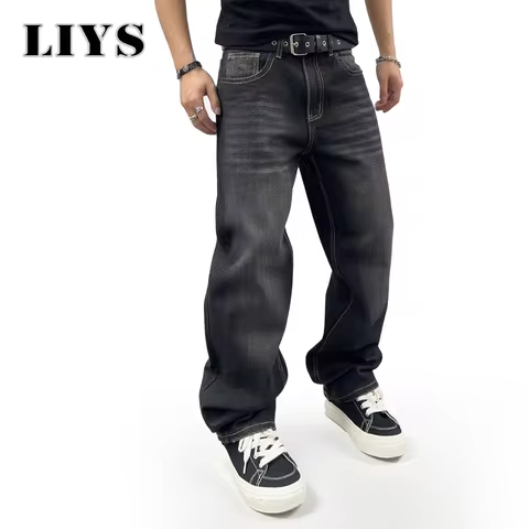 LIYS Spring Men's Black Classic Baggy Straight leg Jeans 2025 Retro Washed Basic Denim Pants Summer 