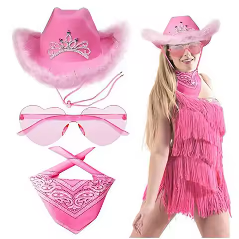 Feather Trim Letter Denim Cowboy Hat + Sequin Pink Fringe Cap + Glasses & Bandana 2/3-Piece Set