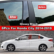 6Pcs Car Window Door Column B C Pillars Posts Cover Trim for Honda City 2014-2019 Glossy Black Carbon Fiber Mirror Effect PC Material Sticker Styling Accessories