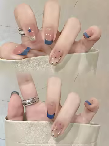 10 Pieces of Handmade Wearable Nail Art, Trapezoidal Full-Cover Nail Tips, Medium Length, in Haze Bl