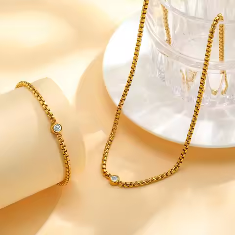 Vnox 2pcs/set Round Single Cubic Zirconia Necklace Bracelet For Women Stainless Steel Square Chain T