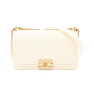 CHANEL 香奈兒 Boy Chanel 25 肩背包 米白色 荔枝紋牛皮 金扣 A67086