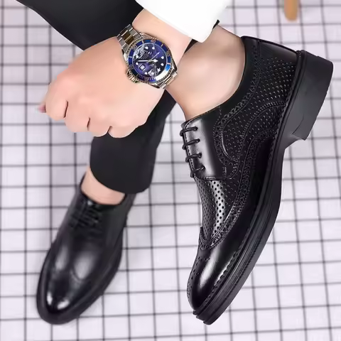 Men's British Brogue Business Formal Leather Shoes New Style Wedding Groom Shoes Invisible Lift Comf