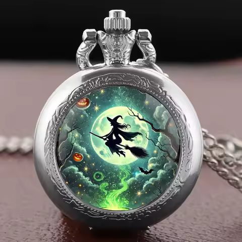 Silver Retro Halloween Witch & Moonlit Night Men's Chronograph Pocket Watch, Magic - Element Women's