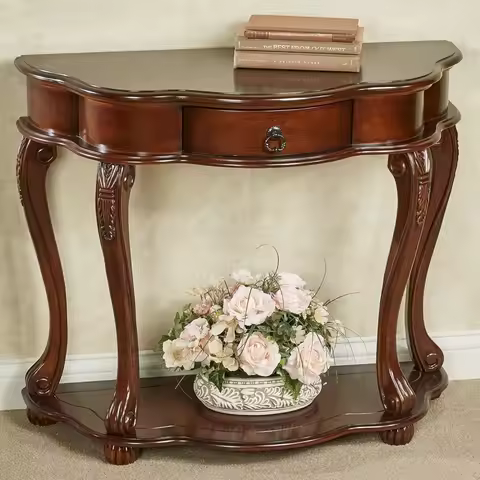 Eudora Natural Cherry Console Table | Half Round Wooden Vintage Accent | Semi Circle Traditional Sty