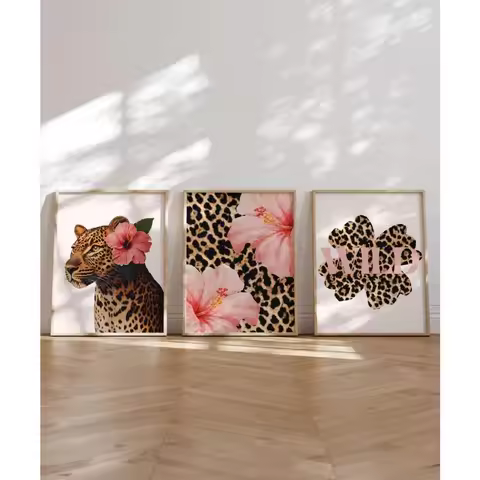 3pcs Frameless Fashion Leopard Print Hibiscus Flower Printed Wall Girl Pink Cheetah Bedroom Poster H
