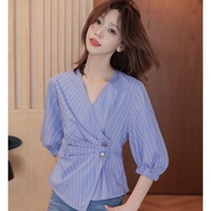 blue blouse for women formal tops for women elegant fitted clothing t shirt korean style XS