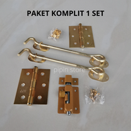 Paket Rambuncis Grendel Kunci Jendela Kayu 1 Set + Hak Angin Gold Cantolan Lamskar Penahan Jendela +