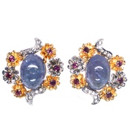 ต่างหูพลอยแท้ แทนซาไนต์(Tanzanite) 9 x 13 mm. ล้อม โกเมนชมพู เพทาย เงินแท้ 925 ชุบทอง 18K