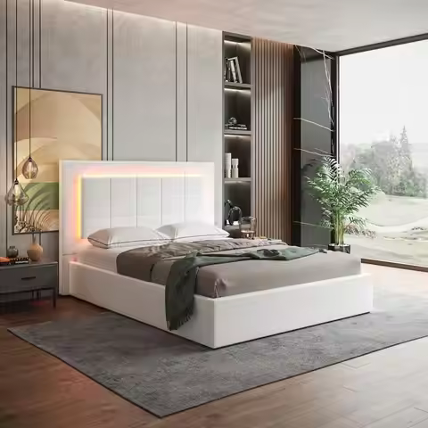 # Queen Size Bed Frame Upholstered Platform Bed Simple Led Lights Divan Luxury King Size Bed with St