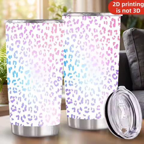 20oz Pink Purple Gradient Ombre Leopard Print Stainless Steel Tumbler with Lid and Straw, Pastel Rai