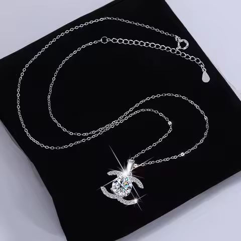 High-quality Silver Moissanite Double C Pendant Small Chanel Style Versatile Full Diamond Necklace