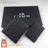 ❦✒℡READY STOCK Coach Embossed Signature Crossgrain Leather Black Short Wallet Men Gift Set Cardholde