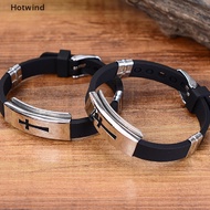 HW Men Fashion Silver Cross Stainless Steel Black Rubber Bracelet Bangle Wristband