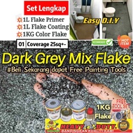 dark grey mix ( full set 1L PRIMER , 1KG FLAKES , 1L CLEAR , free tools ) epoxy toilet paint resin floor coating hj