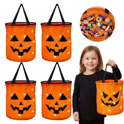 1-10PC LED Halloween Pumpkin Basket Light Up Candy Tote Bag for Kids Trick or Treat Party Holiday De