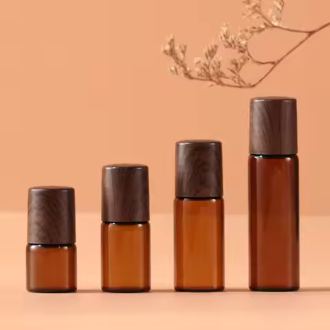 5x Glass Essential Oils Roller Bottles 1/2/3/5ml Amber / Clear Roll on Vials Wood look Plastic Caps 