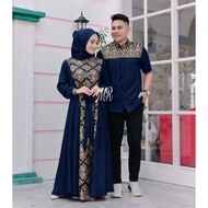 gamis batik kombinasi polos terbaru 2022 modern couple baju muslim - navy l