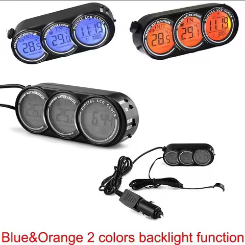 12V-24V 3 In 1 Auto Car LCD Digital Inside Outside Clock Temperature Thermometer Gauge-A14Z