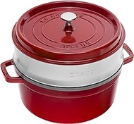 staub La Cocotte Round 40510-601 Pico Cocotte Round Cherry 10.2 inches (26 cm) Steamer Set, Large, Two-Handed Casting, Enameled Pot, Steamer, Induction Compatible