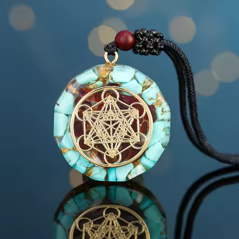 Orgonite Energy Lotus Pendant Necklace Turquoises Reiki Om Yoga Healing EMF Resin Sri Yantra Necklac