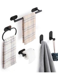 1入組不鏽鋼衛浴配件套裝,帶有毛巾架、加厚毛巾環、免打孔衣架、紙巾架和廚房收納架