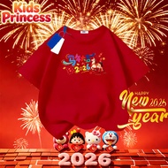 (24 Hours Delivery) 2026 T-Shirt Children's Christmas Short Sleeves Cute Red kids Happy New Year N12