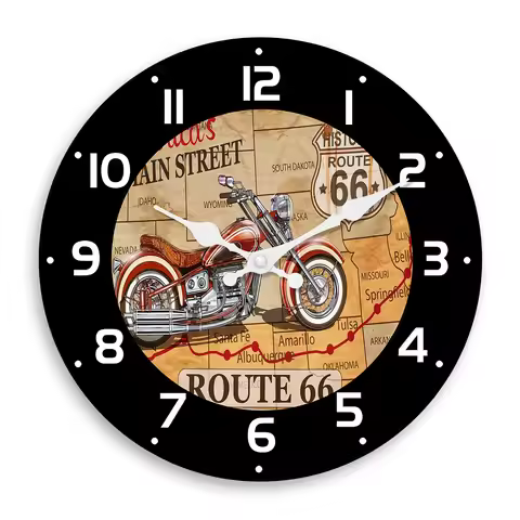 Fashionable No. 66 Road Motorcycle Wooden Wall Clock Living Room Bedroom Kitchen Home Decoration Wal
