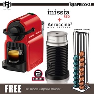 [COMBO + CAPSULE RACK - RANDOM COLOR] Nespresso A3C40-ME-RE-NE Inissia Fully Automatic Capsule Espresso Coffee Pod Machine (Ruby Red) + AEROCCINO 3 Milk Frother