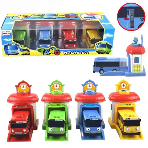 [Funny] 4pcs/set Scale model Tayo the little bus children miniature bus baby oyuncak garage tayo bus