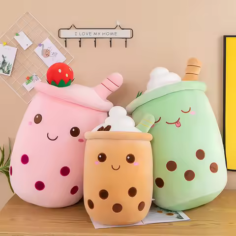 Cute Stuffed Boba Plush Bubble Tea Food Milk Cup Plushie Pillow , Soft Kawaii Hugging Plush Toys Gif