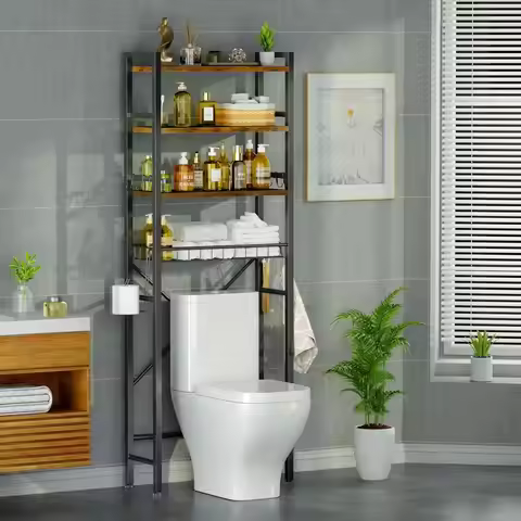 Over-The-Toilet Storage, 4 Tier Adjustable Bathroom Organizer with Toilet Paper Holder and 9-Hooks, 