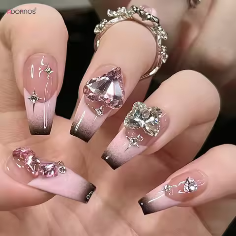 24Pcs Pink Fake Nails Y2K Style Press on Nails Big Sparkly Rhinestone Designs Black French Tips Fals