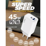 V-GeN VTC2-40 45W Dual Port USB-A & Type C Super VOOC Travel Charger Super Fast Charging QC3.0 FREE 
