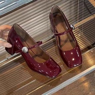 New Red Square Toe Patent Leather Mary Jane Flats for Women